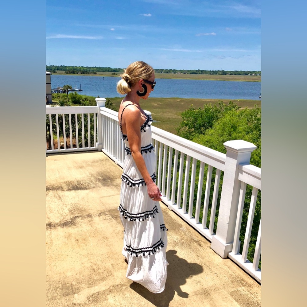 L’ATISTE Tiered White & Black Maxi Dress – Tassel Trim | Size XS - Picture 6 of 13